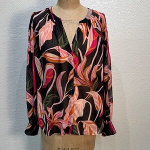 Chicos Women Size 16 Black Pink Sheer Floral Print Long Sleeve V-Neck Top‎